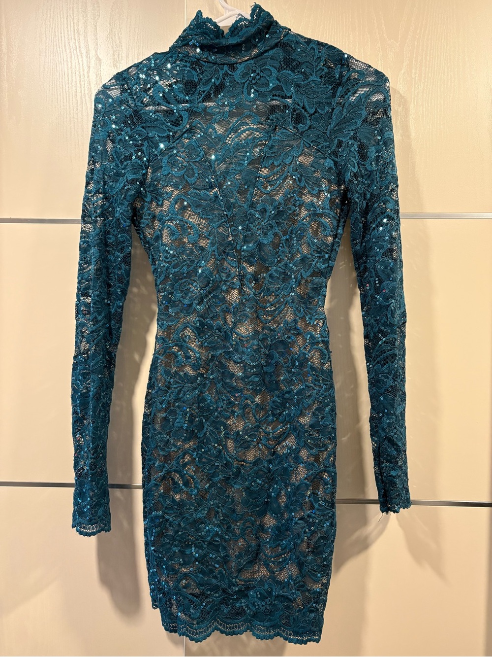 Fashion Nova Teal Sequin Lace Long-Sleeve Bodycon Dress with Dramatic Open Back